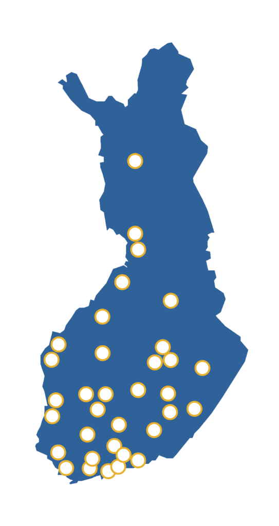 Suomen kartta, jossa SPALin jäsenyhdistykset merkitty palloilla