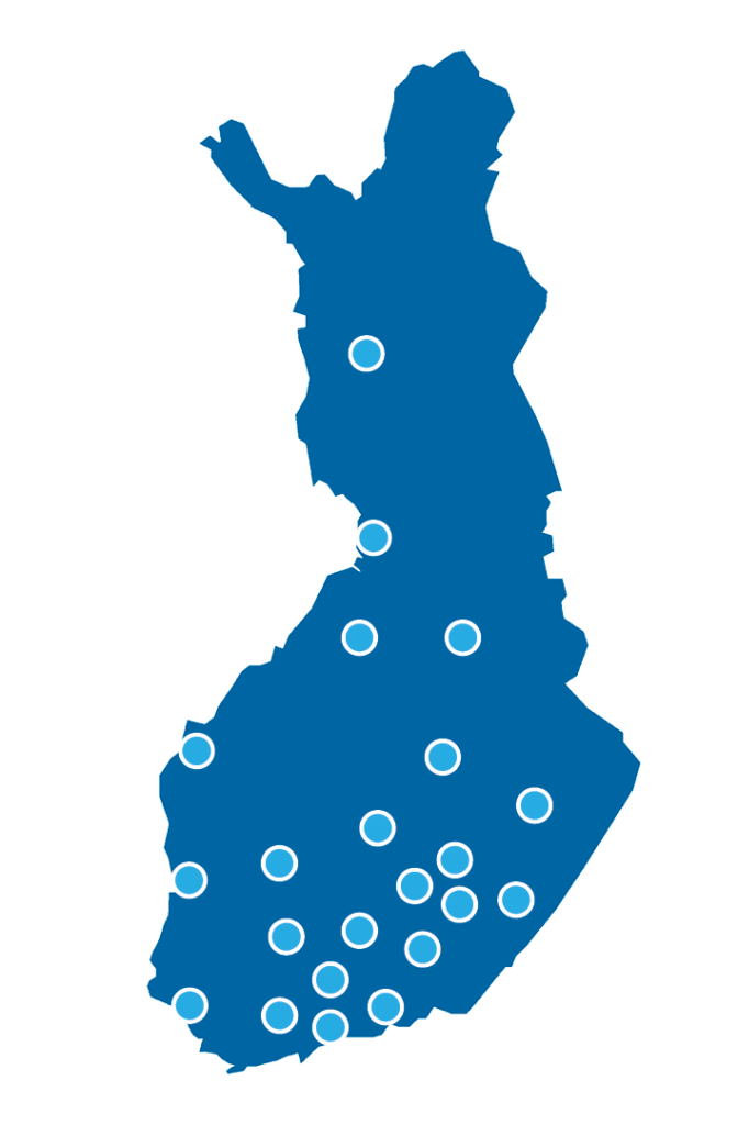 Suomen kartta, johon sijoitettu SPALin jäsenyhdistyksien paikkakuntia.